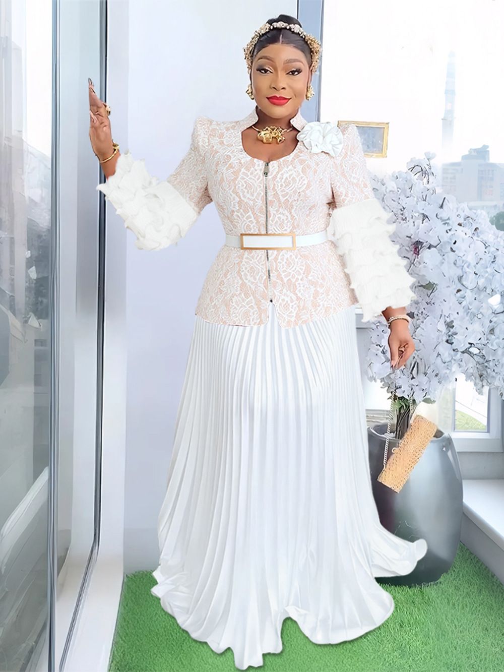 Plus-size African Dress with Pleated Lace Print, Banquet Long Dress, Wedding Dress and Evening Gown, Two-piece Set