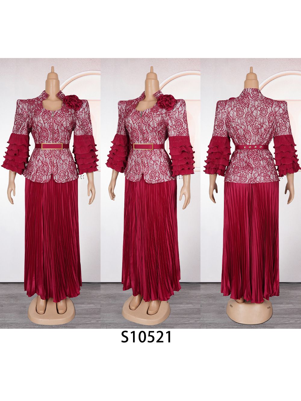 Plus-size African Dress with Pleated Lace Print, Banquet Long Dress, Wedding Dress and Evening Gown, Two-piece Set