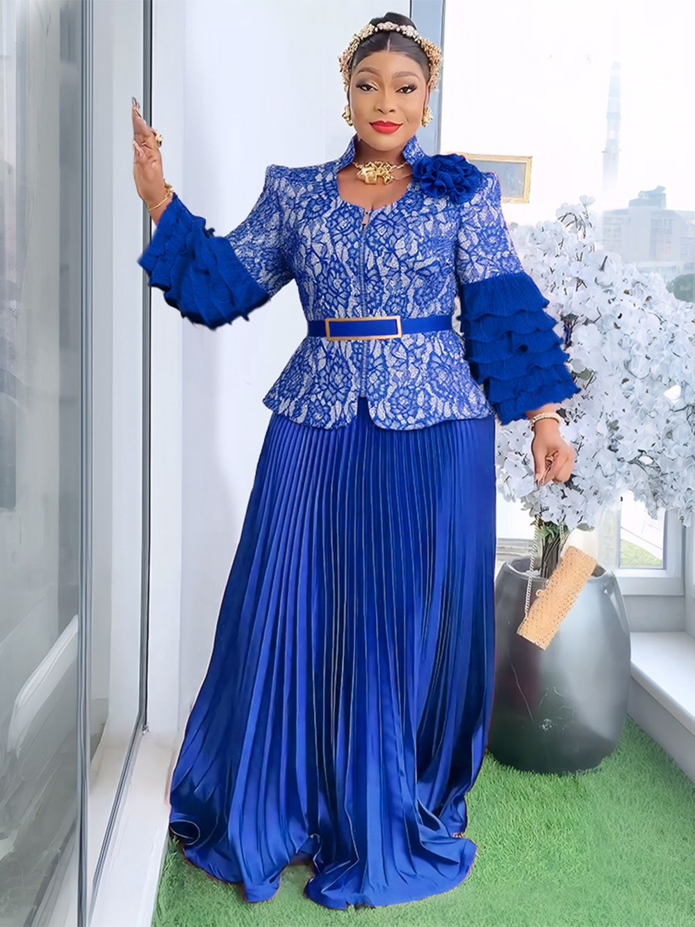 Plus-size African Dress with Pleated Lace Print, Banquet Long Dress, Wedding Dress and Evening Gown, Two-piece Set