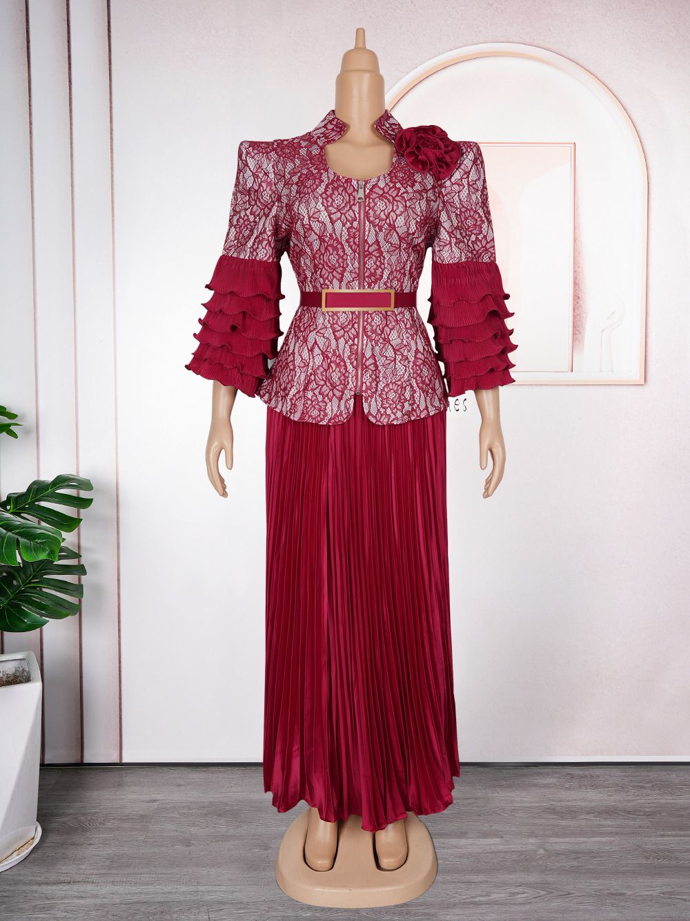 Plus-size African Dress with Pleated Lace Print, Banquet Long Dress, Wedding Dress and Evening Gown, Two-piece Set