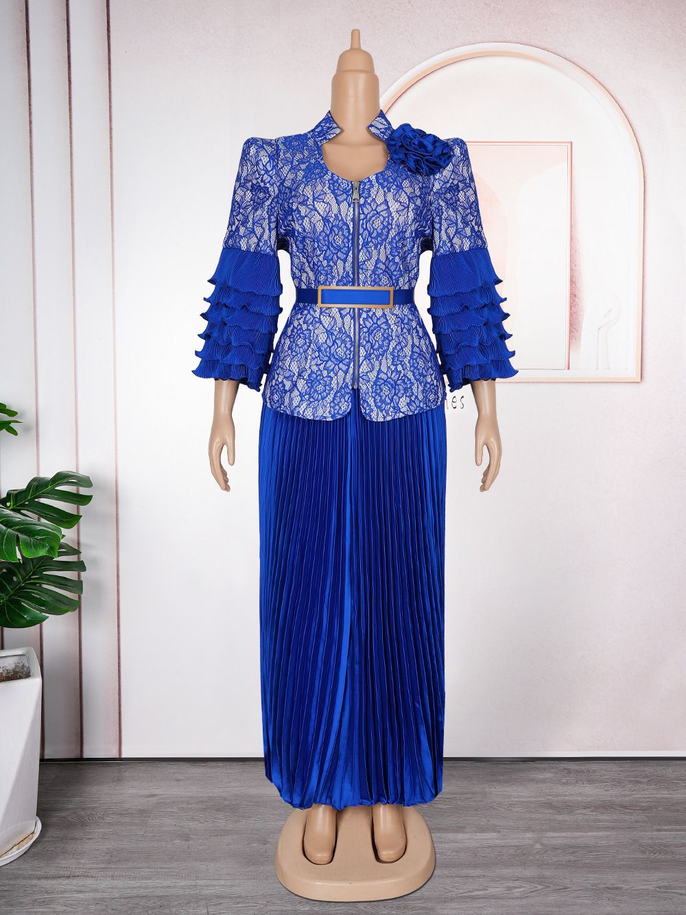 Plus-size African Dress with Pleated Lace Print, Banquet Long Dress, Wedding Dress and Evening Gown, Two-piece Set