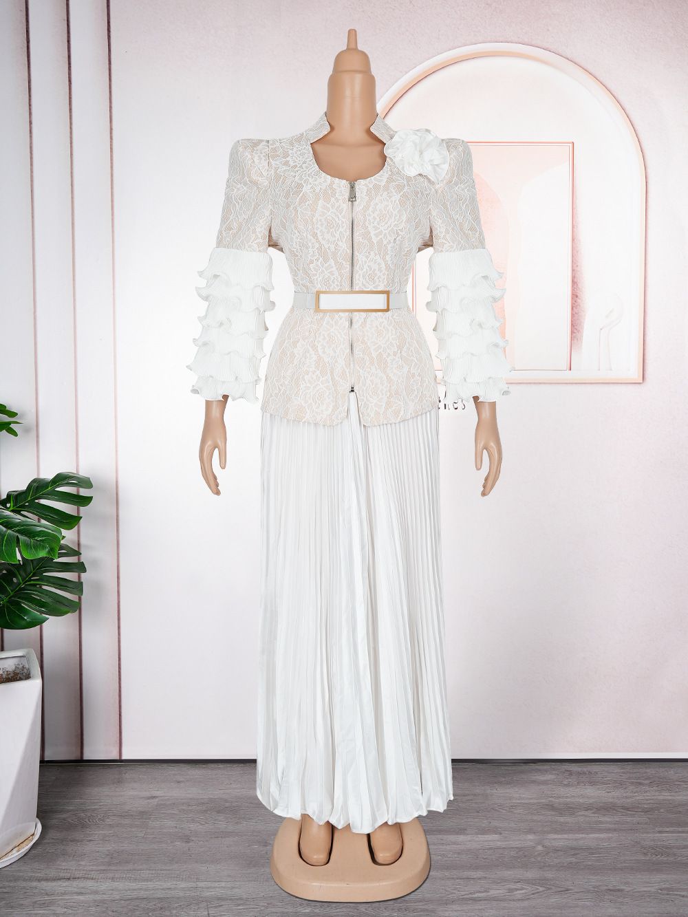 Plus-size African Dress with Pleated Lace Print, Banquet Long Dress, Wedding Dress and Evening Gown, Two-piece Set