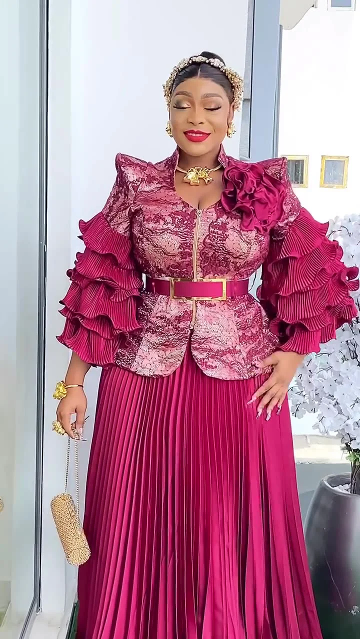 Plus-size African Dress with Pleated Lace Print, Banquet Long Dress, Wedding Dress and Evening Gown, Two-piece Set