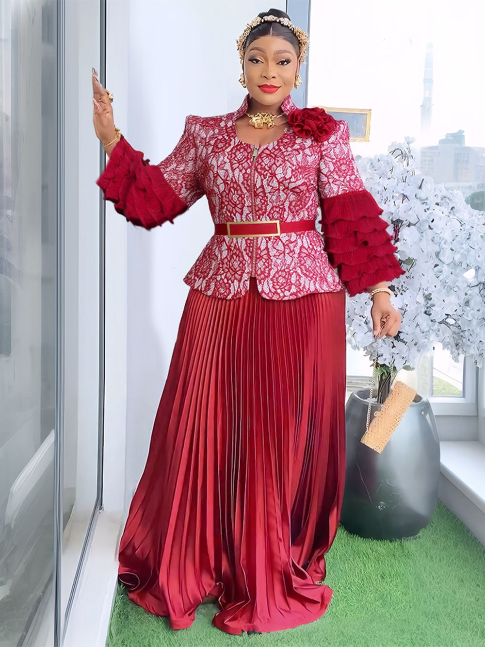 Plus-size African Dress with Pleated Lace Print, Banquet Long Dress, Wedding Dress and Evening Gown, Two-piece Set