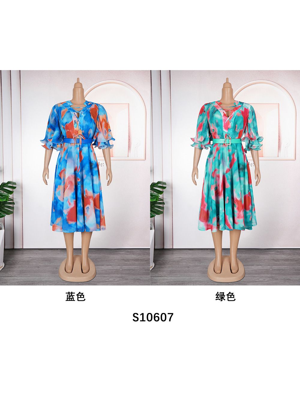 African Wholesale V-neck Print A-Line Dress Spring High Waist Midi Dress Short Sleeve Dresses Women Lady Elegant Modest 
 Dresses