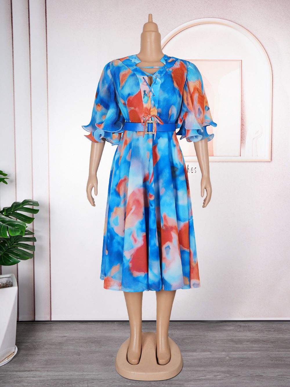African Wholesale V-neck Print A-Line Dress Spring High Waist Midi Dress Short Sleeve Dresses Women Lady Elegant Modest 
 Dresses