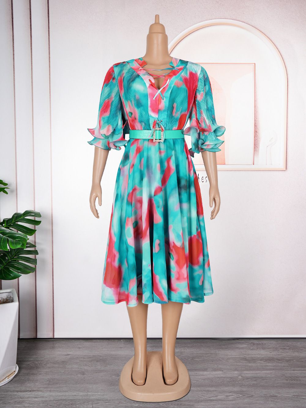 African Wholesale V-neck Print A-Line Dress Spring High Waist Midi Dress Short Sleeve Dresses Women Lady Elegant Modest 
 Dresses