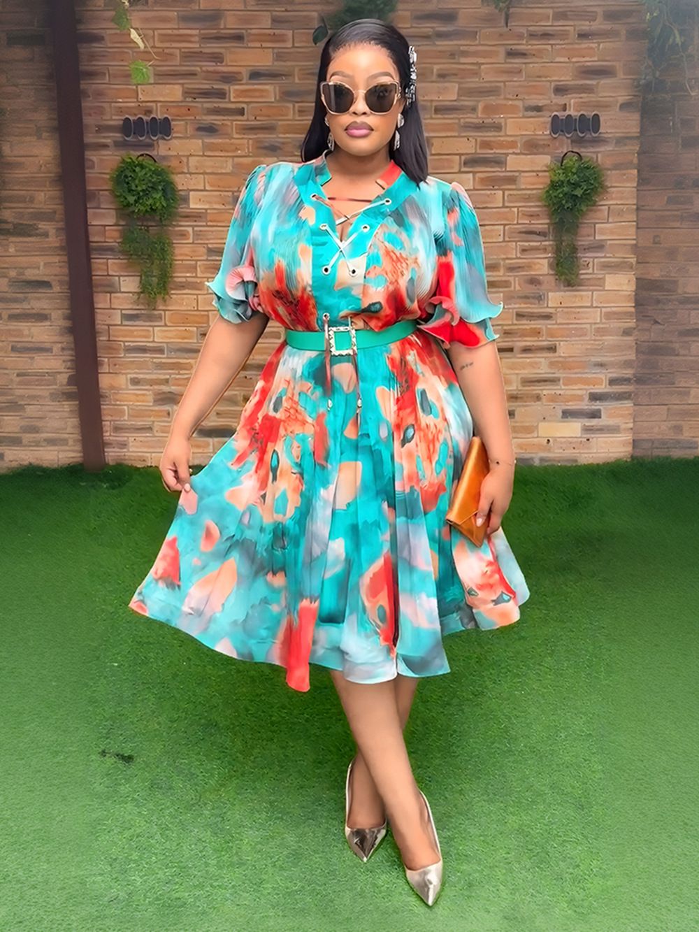 African Wholesale V-neck Print A-Line Dress Spring High Waist Midi Dress Short Sleeve Dresses Women Lady Elegant Modest 
 Dresses
