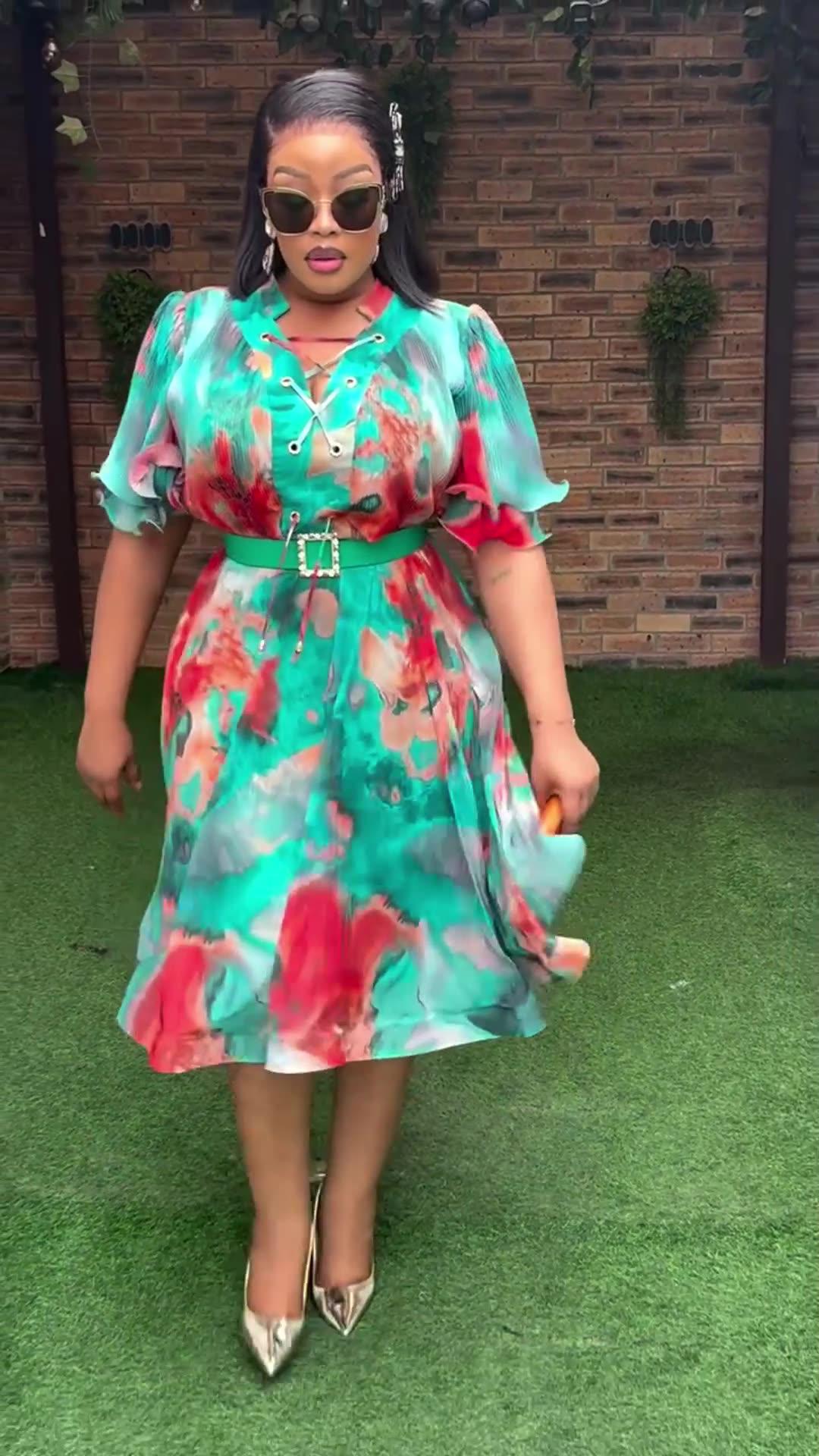 African Wholesale V-neck Print A-Line Dress Spring High Waist Midi Dress Short Sleeve Dresses Women Lady Elegant Modest 
 Dresses