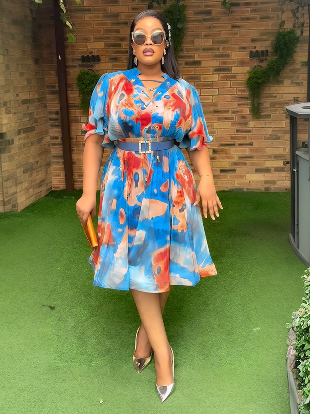 African Wholesale V-neck Print A-Line Dress Spring High Waist Midi Dress Short Sleeve Dresses Women Lady Elegant Modest 
 Dresses