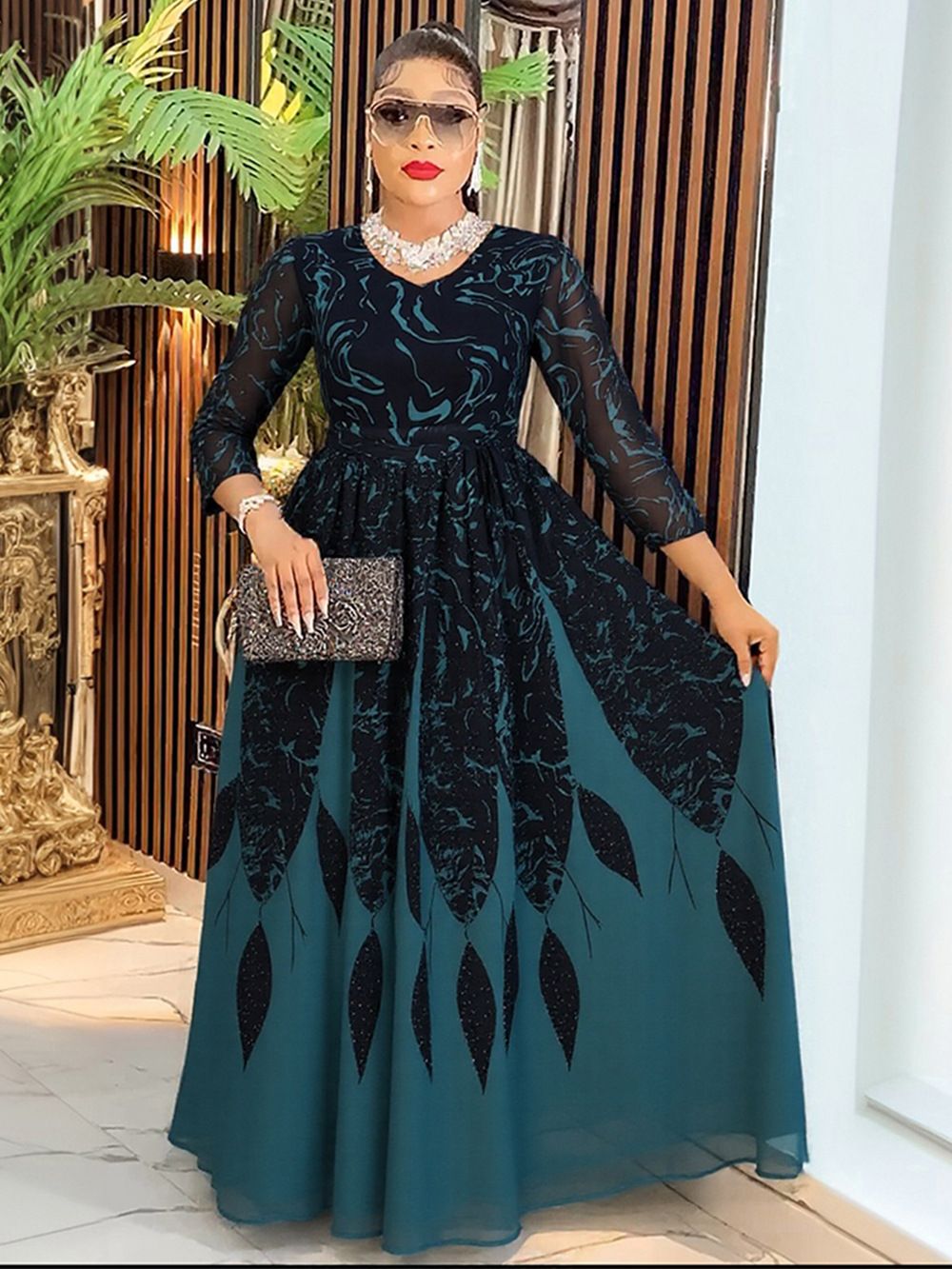 Wholesale Customized Chiffon Floral Dress Casual O Neck Mesh Print Maxi Dresses Women Elegant Long Dress