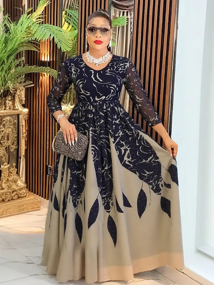 Wholesale Customized Chiffon Floral Dress Casual O Neck Mesh Print Maxi Dresses Women Elegant Long Dress