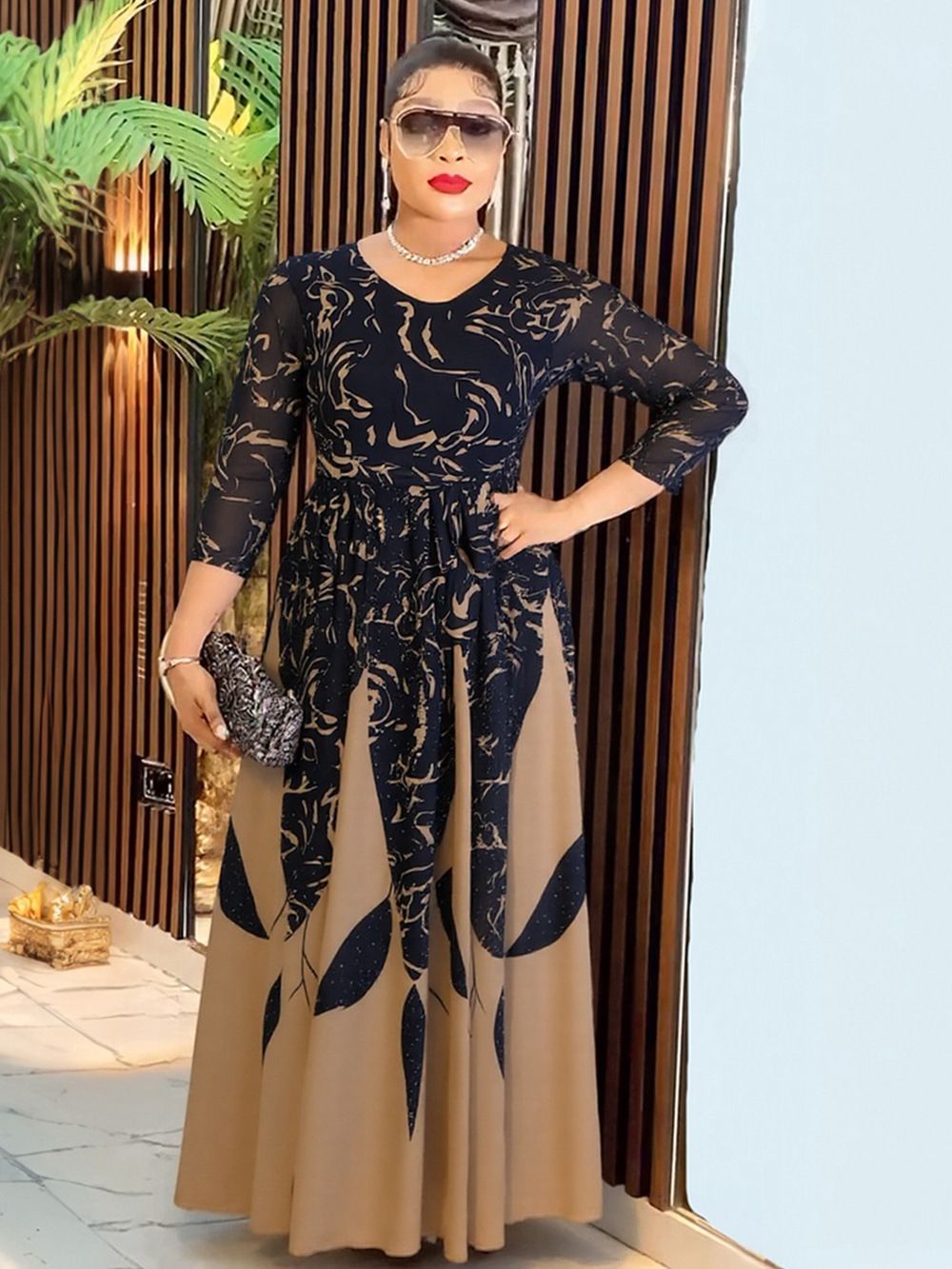 Wholesale Customized Chiffon Floral Dress Casual O Neck Mesh Print Maxi Dresses Women Elegant Long Dress