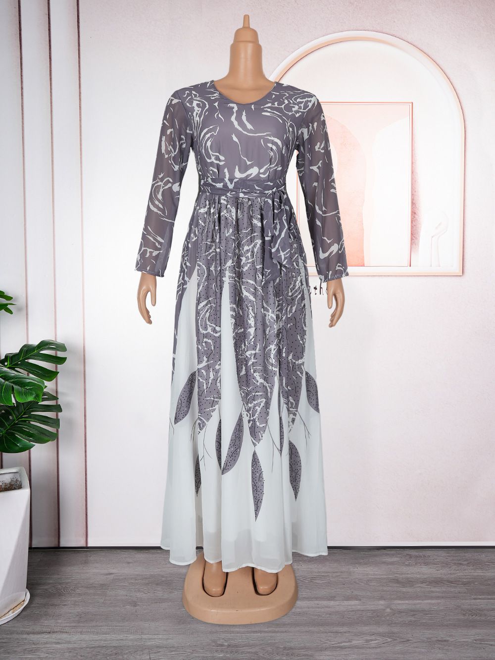 Wholesale Customized Chiffon Floral Dress Casual O Neck Mesh Print Maxi Dresses Women Elegant Long Dress