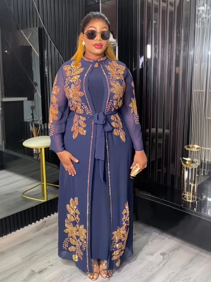 African Wedding Party Dresses for Women Spring Autumn African Long Sleeve Black Blue White Long Dress Suit Muslim Dress