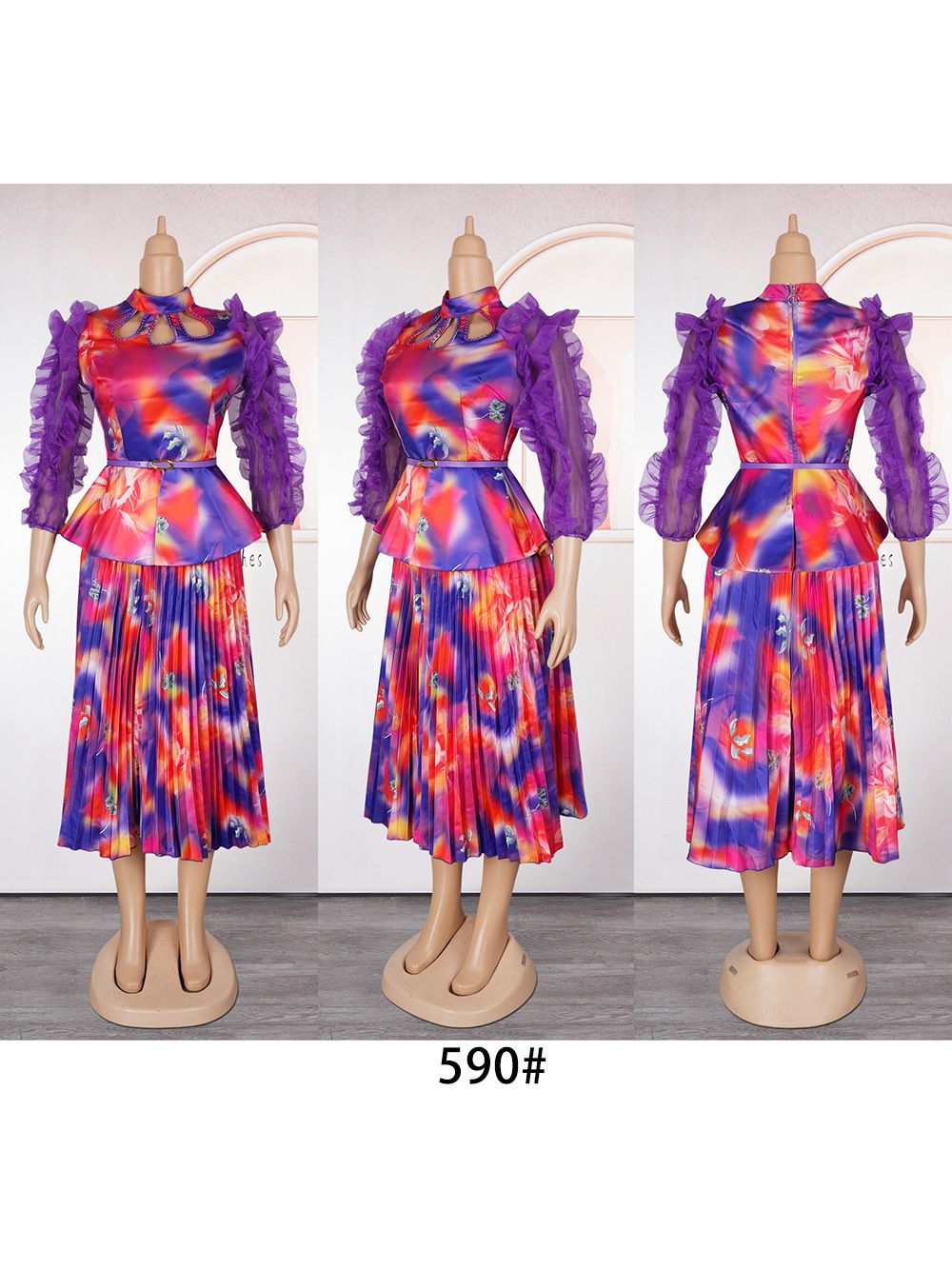New Summer Fashion Long Sleeve Muslim Print Wedding Evening Party Chiffon Midi Dresses