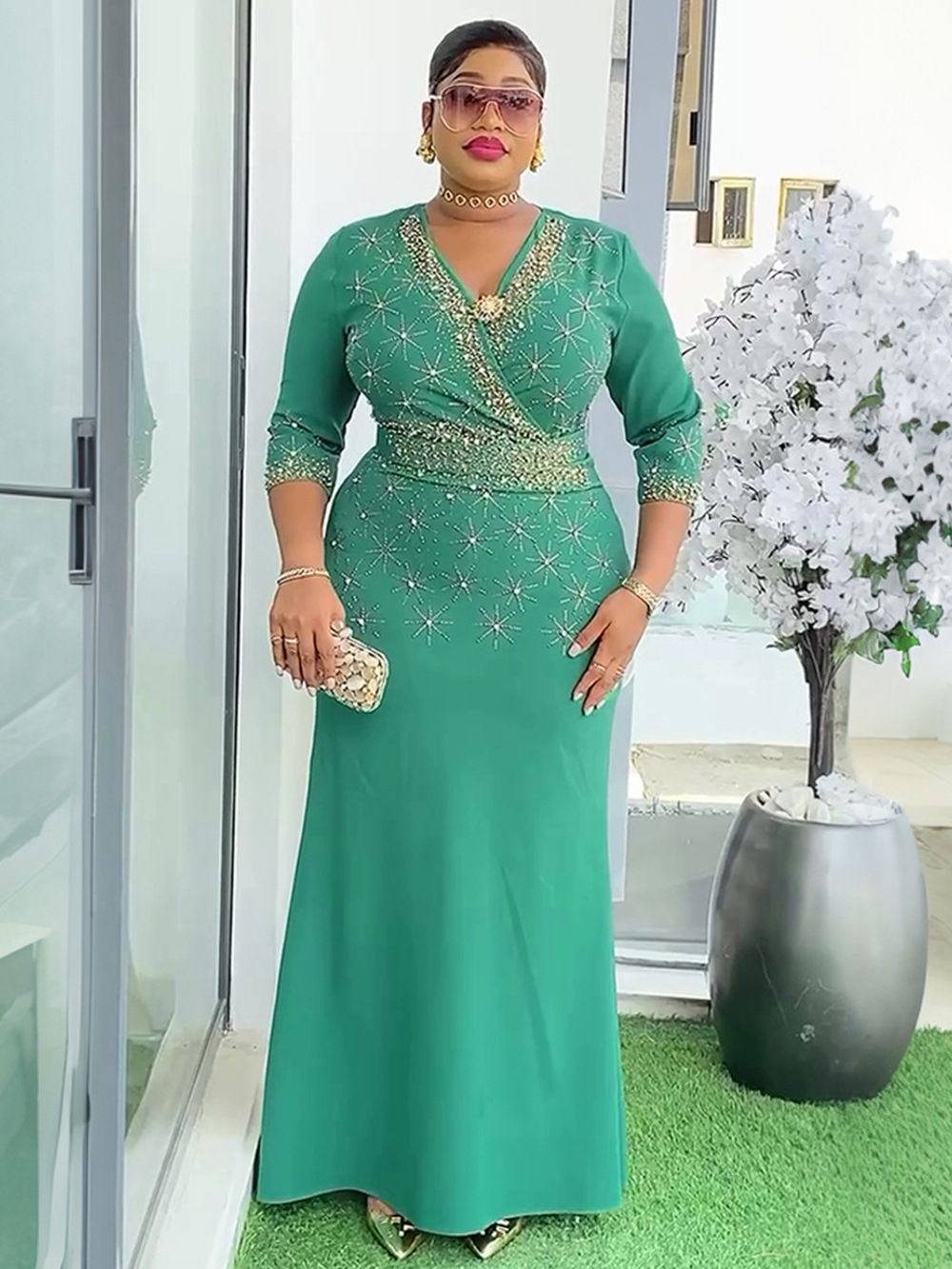 Elegant Women Party Evening Dresses Long Sleeve Pleated Maxi Robe African Dashiki Outfits Office Ladies Overalls Africa Clothing 
 Dresses