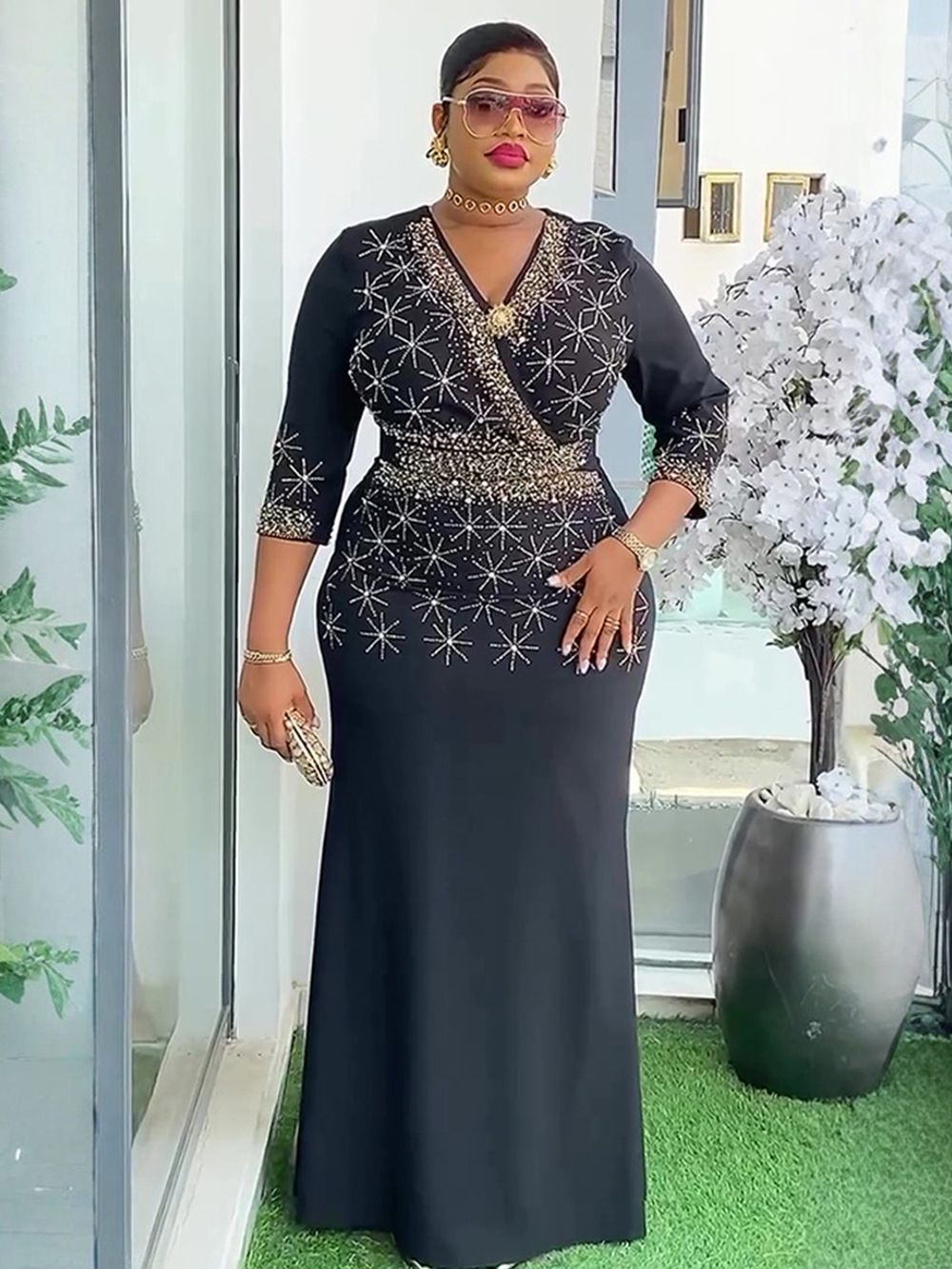 Elegant Women Party Evening Dresses Long Sleeve Pleated Maxi Robe African Dashiki Outfits Office Ladies Overalls Africa Clothing 
 Dresses