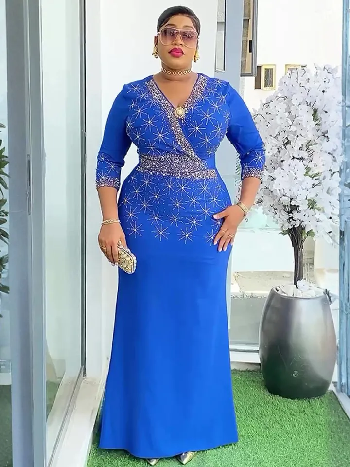 Elegant Women Party Evening Dresses Long Sleeve Pleated Maxi Robe African Dashiki Outfits Office Ladies Overalls Africa Clothing 
 Dresses