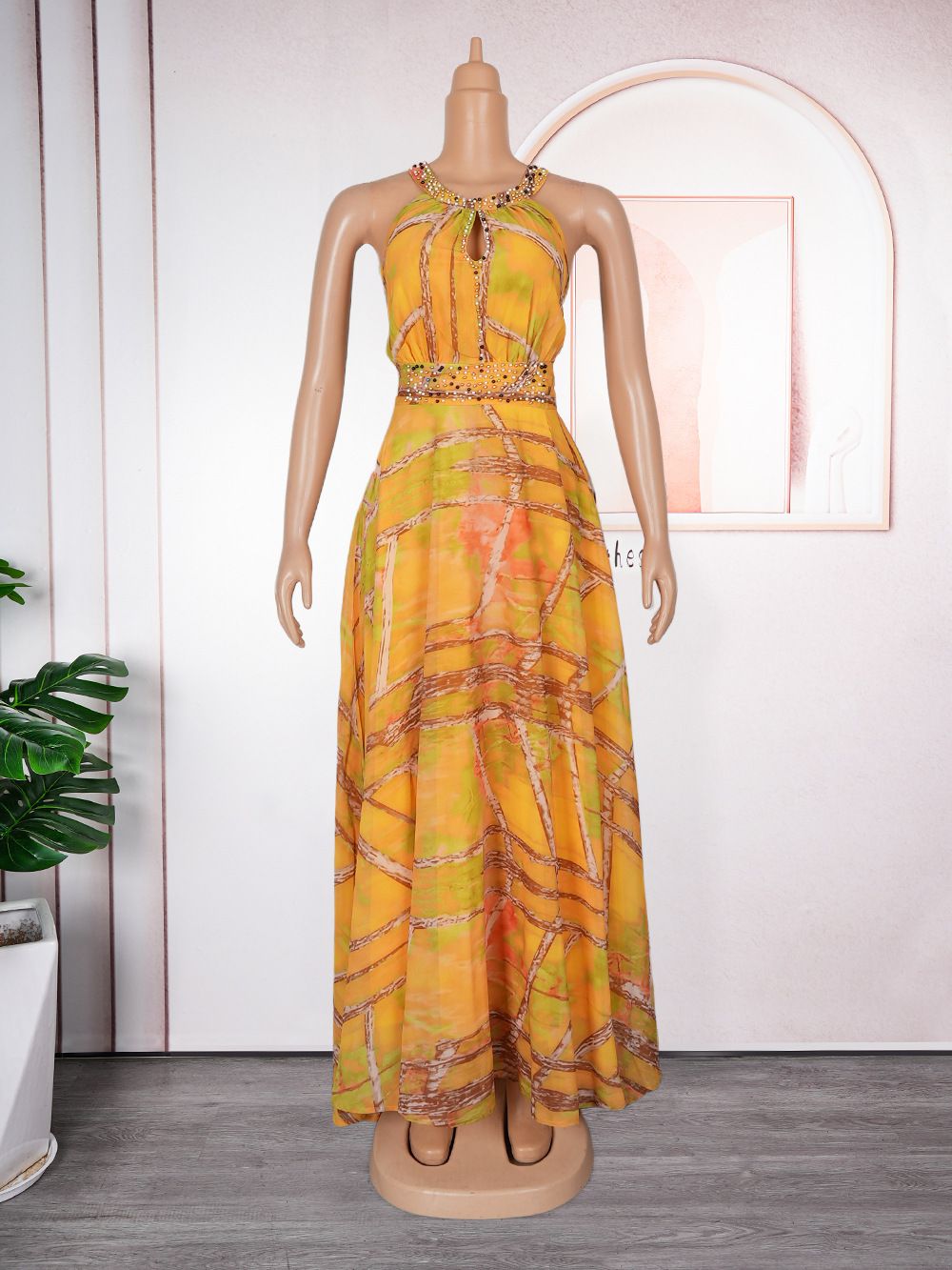 Wholesale New High-quality Cross-border Large-size Women's Spring and Summer African Dress Printed Beads Long Dresses