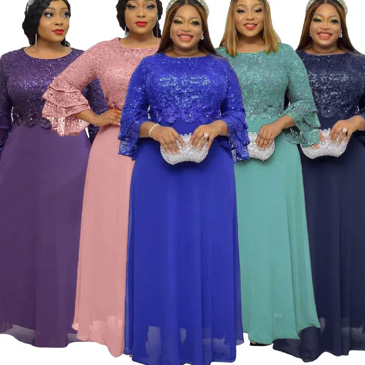High Quality African Plus Size Clothing Lace Chiffon Dress Elegant Design Maxi Dress