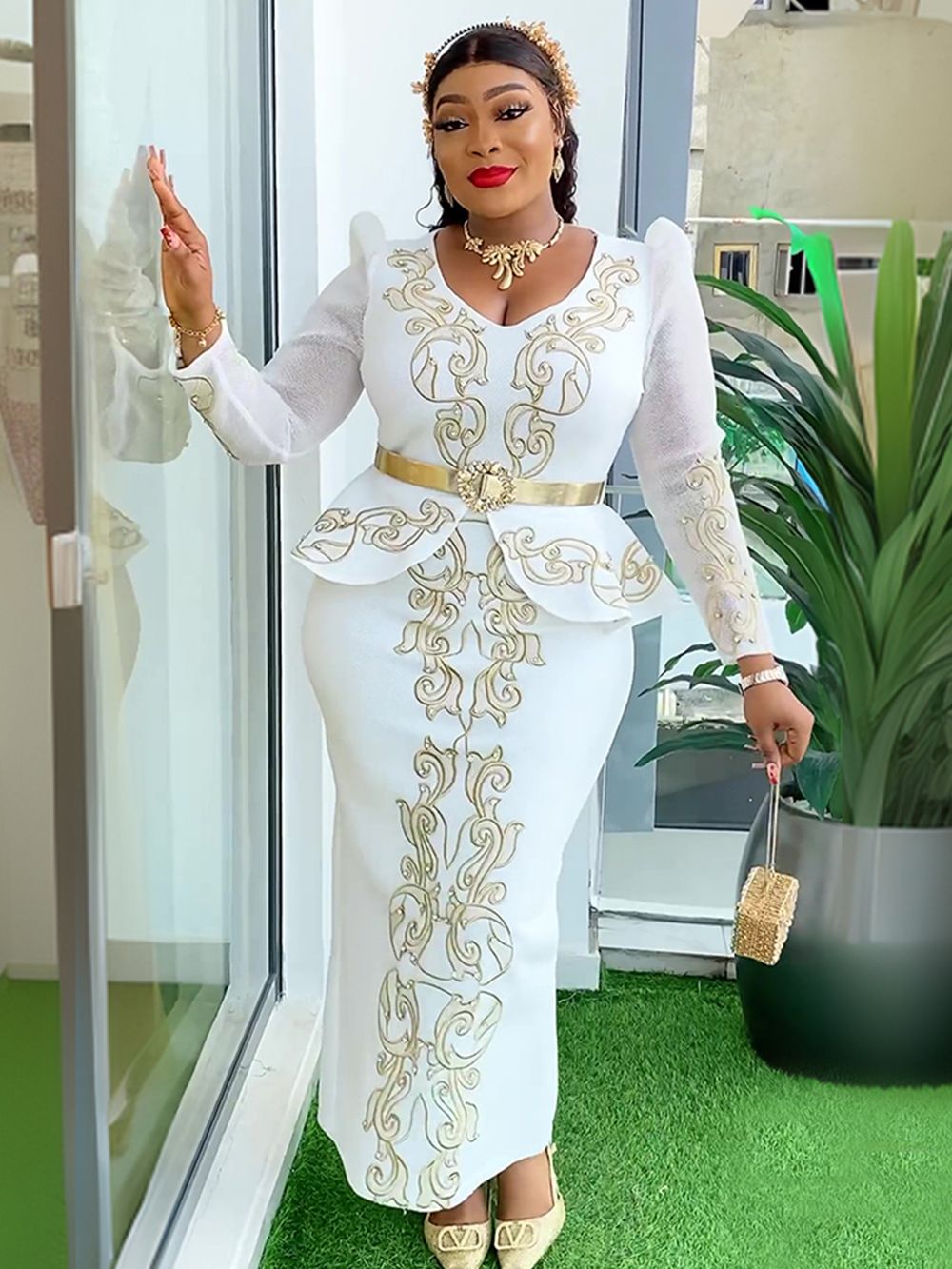 High Quality African Dress Rhinestone Long Dress Office Dress Plus Size Africa Dress Elegant Lady Dresses