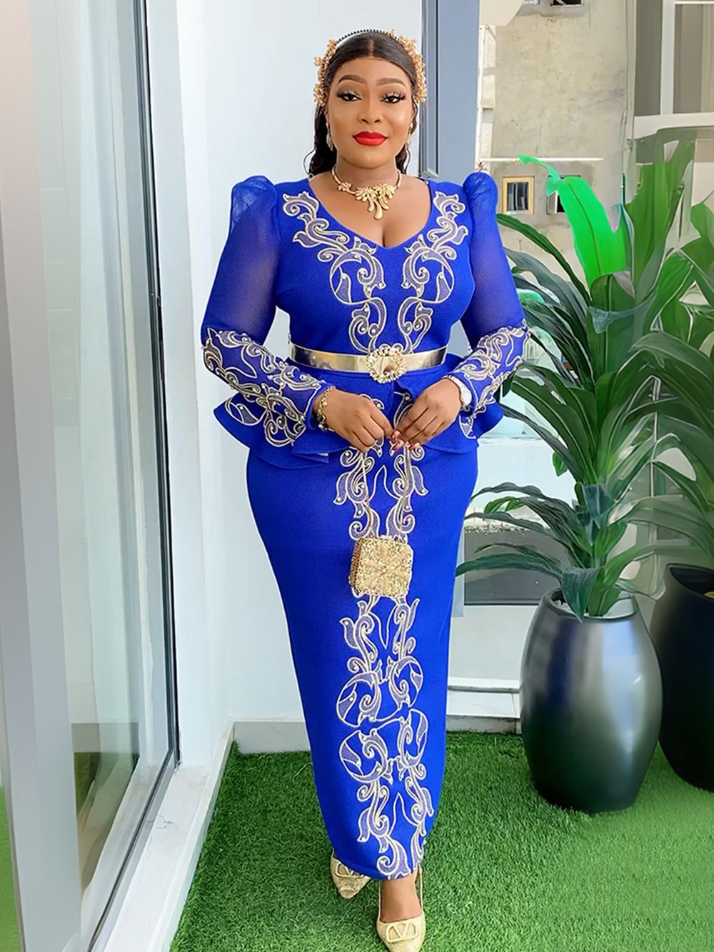 High Quality African Dress Rhinestone Long Dress Office Dress Plus Size Africa Dress Elegant Lady Dresses