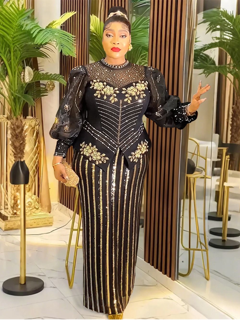 New Fashion Plus Size Sequin Evening Party Long Dress Dashiki Ankara Outfits Robe African Clothes  Dresses