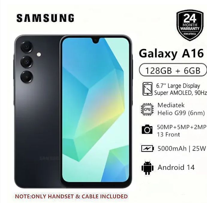 [Tech Week] Samsung Galaxy A16 128GB+4GB 6.7" Super AMOLED Display 50MP Triple Camera Android 14 Mediatek Helio G99 5000mAh 25W Type-C Charge Smart Phones phone