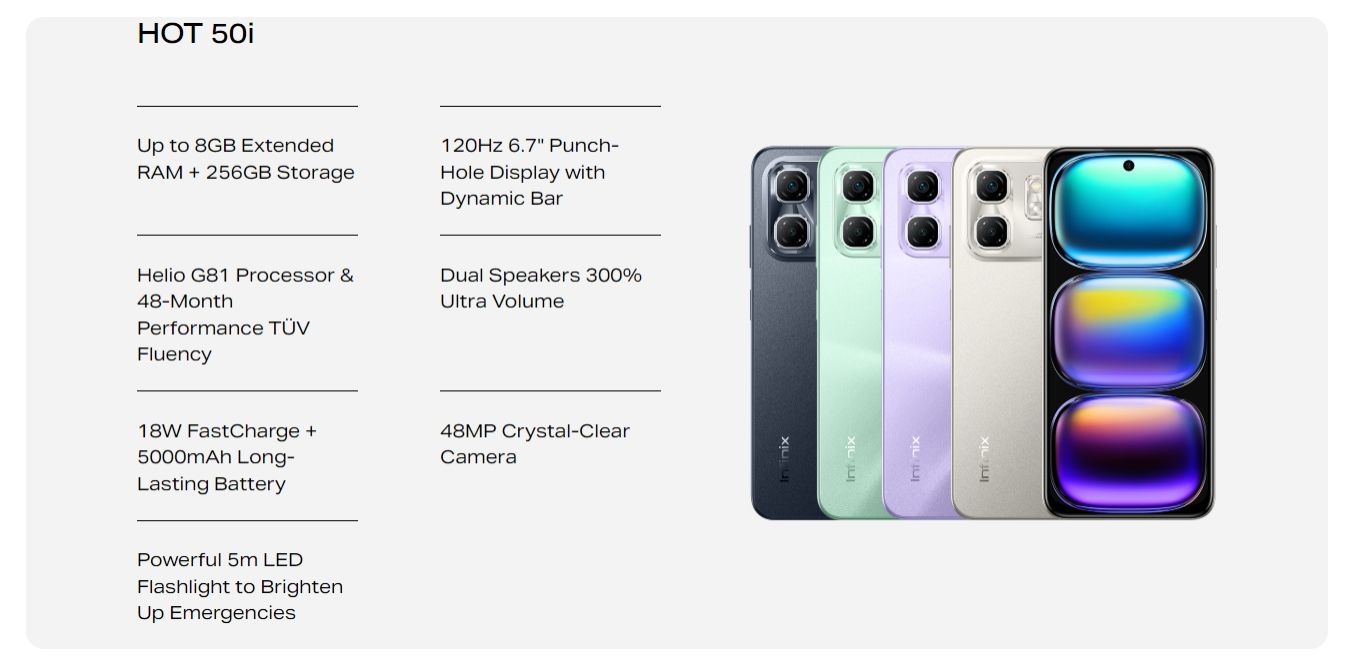[Tech Week] Infinix Hot 50 Pro Plus 256GB+16(8+8)GB 6.7" 3D-Curved AMOLED 120Hz Screen Phone 5000mAh With 33W Type-C 50MP Camera MTK Helio G100 Fingerprint Lock Hot 50 Pro+ Smart Phone