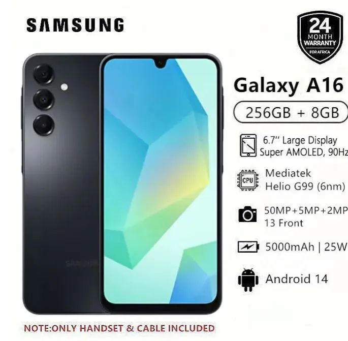 Samsung Galaxy A16 256GB+8GB 6.7" Super AMOLED Display 50MP Triple Camera Android 14 Mediatek Helio G99 5000mAh 25W Type-C Charge Smart Phones phone