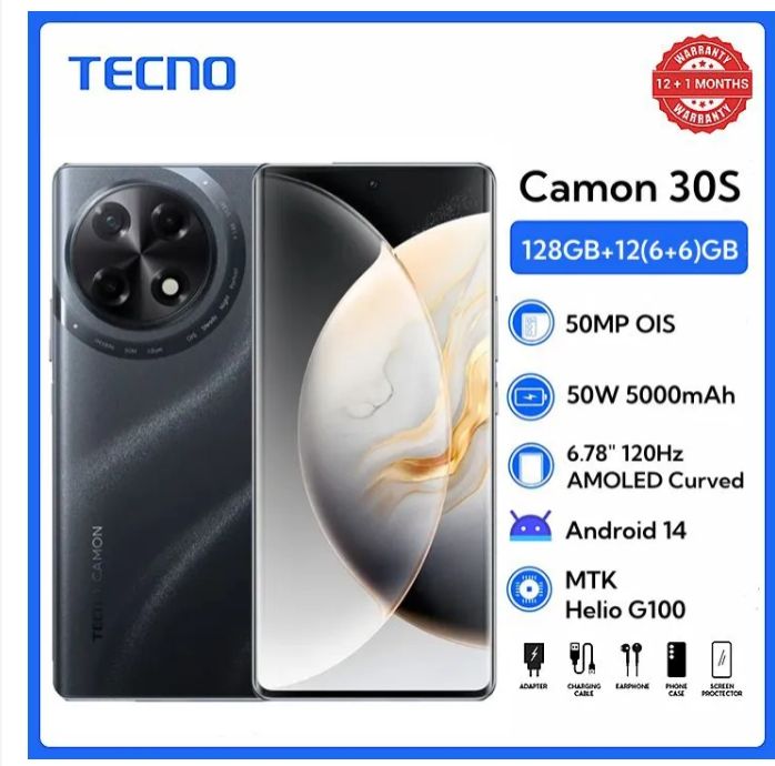 Tecno Camon 30S 128GB+12(6+6)GB RAM 6.7" 3D-Curved AMOLED 120Hz Screen MTK Helio G100 33W 5000mAh 50MP Dual Speaker Android 14 Smart Phones Dual Sim phone