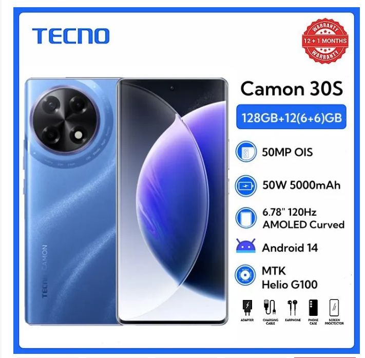 Tecno Camon 30S 128GB+12(6+6)GB RAM 6.7" 3D-Curved AMOLED 120Hz Screen MTK Helio G100 33W 5000mAh 50MP Dual Speaker Android 14 Smart Phones Dual Sim phone