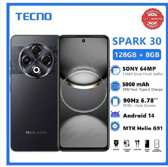 New Arrival TECNO SPARK 30 128GB +8GB 6.78" SONY IMX682 64MP Camera MTK Helio G91 IP64 Waterproof 5000mAh Smart Phones 4G-Dual SIM Side Fingerprint phone