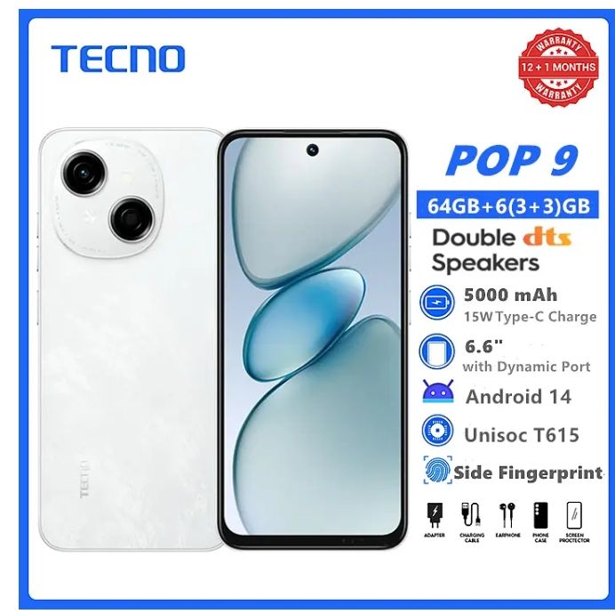 [Tech Week] TECNO POP 9 64GB + 6(3+3)GB 4.5G Fast Network 6.6" 120Hz Hole Screen Dual Speakers IP54 Waterproof 13MP 5000mAh Type-C Android 14 Dual SIM Smart Phones Side Fingerprint Unlock phone