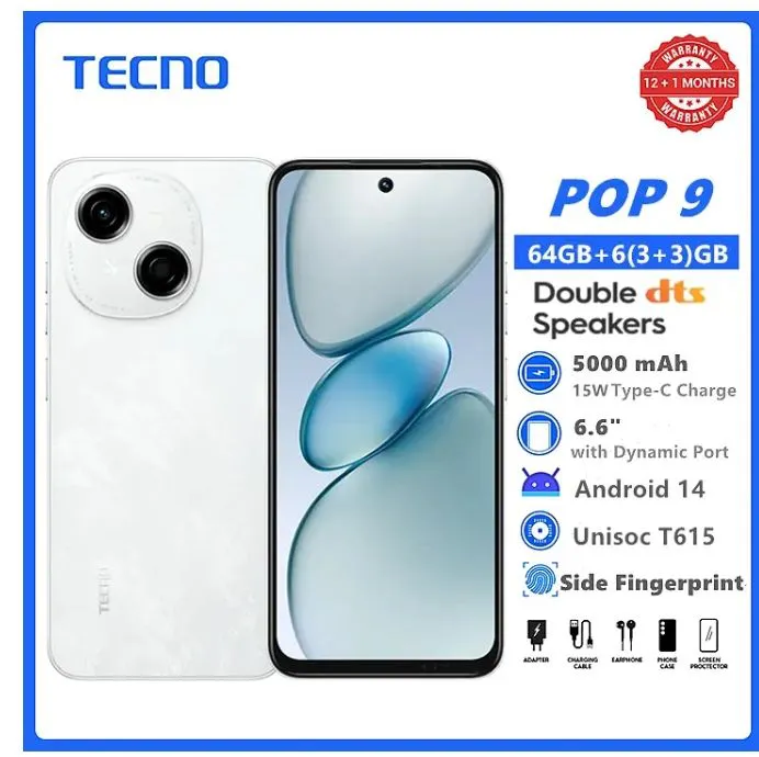 [Tech Week] TECNO POP 9 64GB + 6(3+3)GB 4.5G Fast Network 6.6" 120Hz Hole Screen Dual Speakers IP54 Waterproof 13MP 5000mAh Type-C Android 14 Dual SIM Smart Phones Side Fingerprint Unlock phone