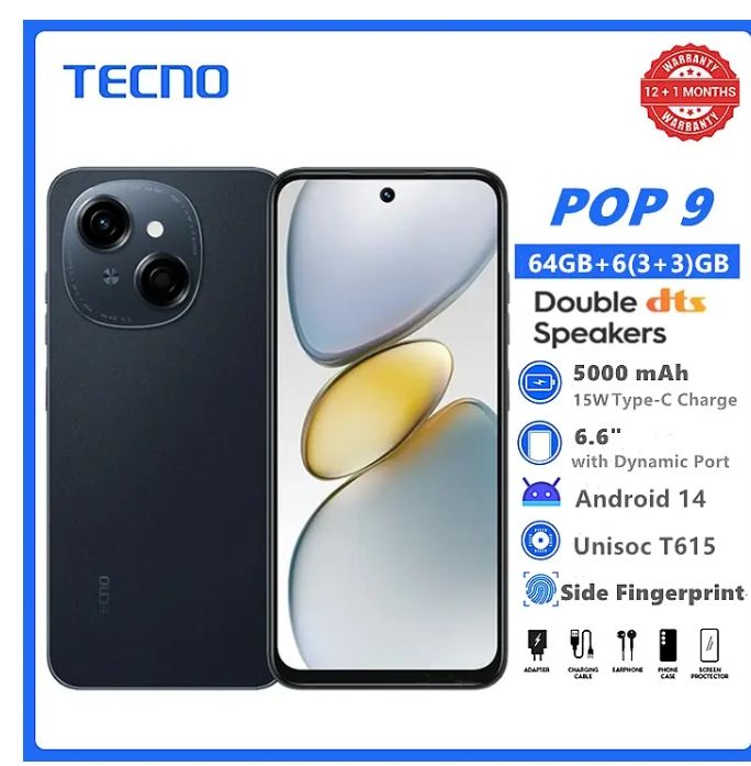 [Tech Week] TECNO POP 9 64GB + 6(3+3)GB 4.5G Fast Network 6.6" 120Hz Hole Screen Dual Speakers IP54 Waterproof 13MP 5000mAh Type-C Android 14 Dual SIM Smart Phones Side Fingerprint Unlock phone