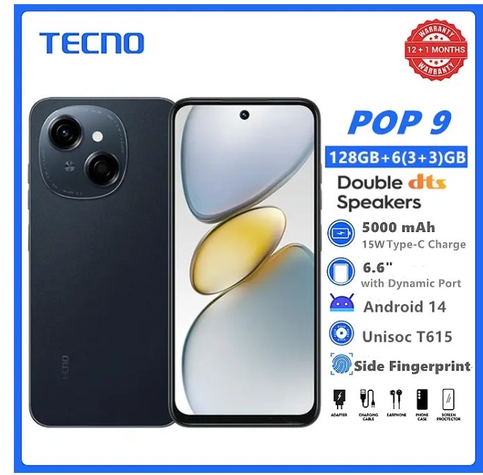 [Tech Week]TECNO POP 9 128GB + 6(3+3)GB 4.5G Fast Network 6.6" 120Hz Dual Speakers IP54 Waterproof 13MP 5000mAh Type-C Android 14 Dual SIM Smart Phones Side Fingerprint phone
