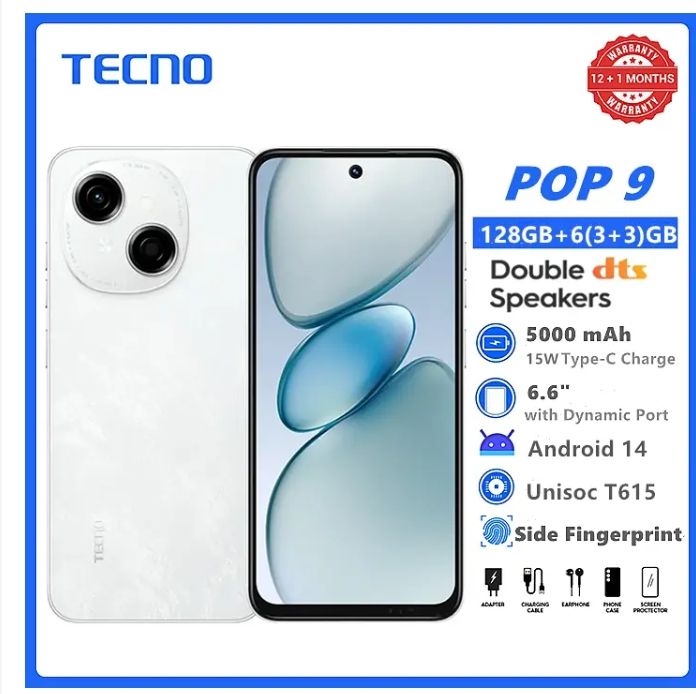 [Tech Week]TECNO POP 9 128GB + 6(3+3)GB 4.5G Fast Network 6.6" 120Hz Dual Speakers IP54 Waterproof 13MP 5000mAh Type-C Android 14 Dual SIM Smart Phones Side Fingerprint phone
