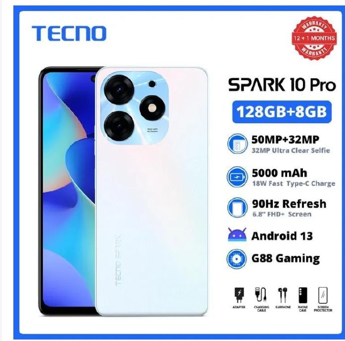 [Clearance Sale] TECNO SPARK 10 PRO 256GB+8GB RAM 6.8" FHD+ 90Hz 50MP+32MP Camera 5000mAh 18w Type-c Charge Side Fingerprint Dual SIM Smart Phones