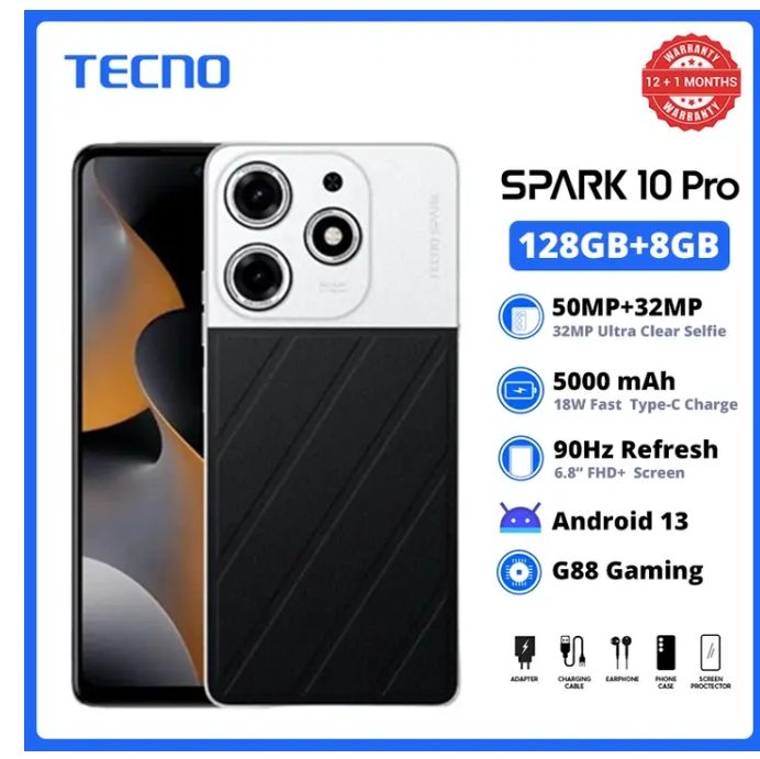 [Clearance Sale] TECNO SPARK 10 PRO 256GB+8GB RAM 6.8" FHD+ 90Hz 50MP+32MP Camera 5000mAh 18w Type-c Charge Side Fingerprint Dual SIM Smart Phones
