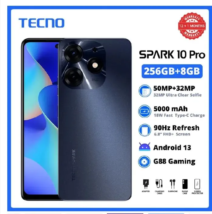 [Clearance Sale] TECNO SPARK 10 PRO 256GB+8GB RAM 6.8" FHD+ 90Hz 50MP+32MP Camera 5000mAh 18w Type-c Charge Side Fingerprint Dual SIM Smart Phones