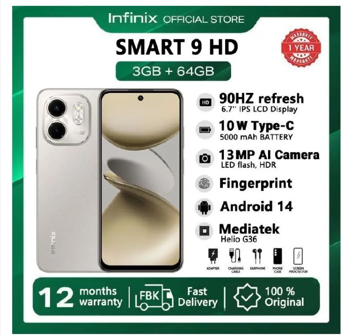 [Tech Week] Infinix SMART 9 HD 6(3+3)GB RAM + 64GB 6.7" 90Hz Brand New Phone Dual SIM 4G 5000mAh Battery With Type-C Charging 13MP Camera G81 Fingerprint Lock Android 14 Smart Phones