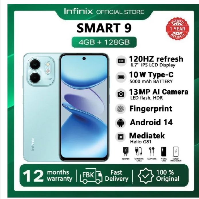 [Tech Week] Infinix SMART 9 128GB + 8(4+4)GB 6.7" Display Dual SIM 4G Network 5000mAh Battery With Type-C Charging 13MP Dual Camera G81 Fingerprint Lock Android 14 Smart Phones