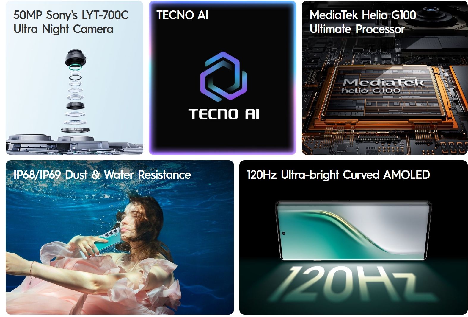[New Arrival] Tecno Camon 40 Pro 256GB ROM+8GB RAM 6.78" 120Hz AMOLED Display 50MP+50MP Camera Corning Gorrila Glass 7i IP68/69 Dust/Water Resistant 5200mAh Battery MTK Helio G100 Ultimate Smart Phone
