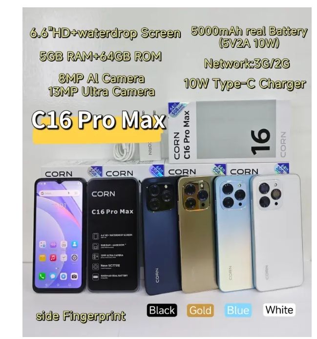 Corn C16 Pro Max 64GB+5(2+3Extended ) Ram Unlocked Cell Phone Android 6.6"HD Waterdrop Screen 13MP Main Camera 8mp Front camera 5000mAh Dual SIM Face ID GPS OTG Android Smartphone