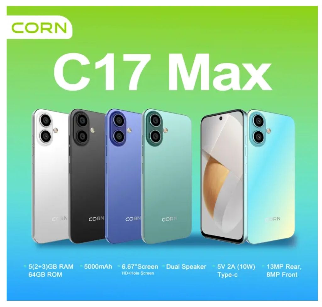 [NEW ARRIVAL] CORN C17 MAX 6.67'' HD Hole screen 64GB + 5GB (3+2) 5000mAh Battery 3G network 13MP ultra camera 8MP AL camera octa-core Android Dual speaker side-fingerprint smartphone