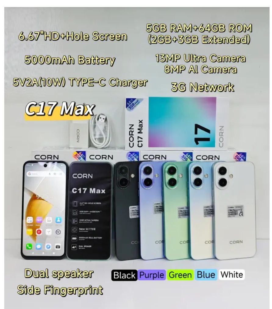 [NEW ARRIVAL] CORN C17 MAX 6.67'' HD Hole screen 64GB + 5GB (3+2) 5000mAh Battery 3G network 13MP ultra camera 8MP AL camera octa-core Android Dual speaker side-fingerprint smartphone
