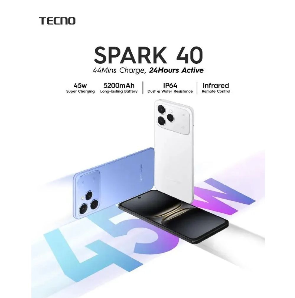 [NEW ARRIVAL] Tecno Spark 40 128GB + 8GB(4+4GB EXTENDED) 6.67'' Hole Screen Camera 50MP Main Camera 8MP Front Camera 45W Super Charging 5200mAh Side Fingerprint Free call without signal smartphone