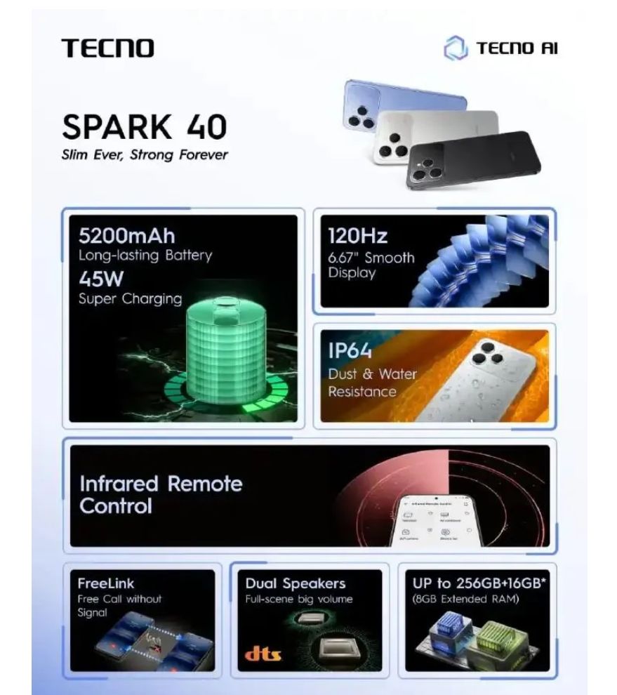 [NEW ARRIVAL] Tecno Spark 40 128GB + 8GB(4+4GB EXTENDED) 6.67'' Hole Screen Camera 50MP Main Camera 8MP Front Camera 45W Super Charging 5200mAh Side Fingerprint Free call without signal smartphone